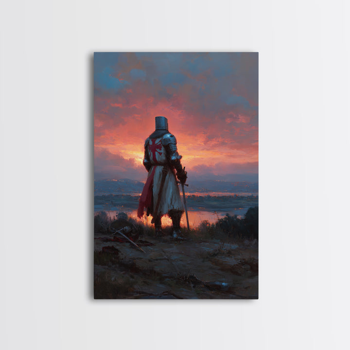 Knight In Armor At Sunset Painting Dramatic Landscape With Medieval Warrior Exploring Emotional Wall Art For Office Decor Or Living Room Framed Canvas Print