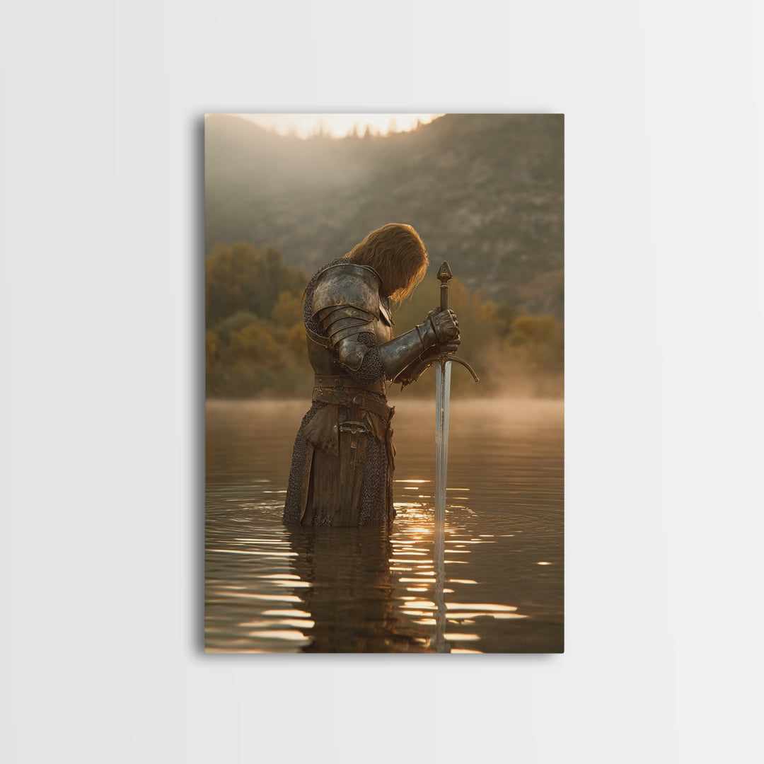 Medieval Knight Standing In Water Holding Sword Dramatic Warrior Wall Art Canvas Print For Man Cave Decor