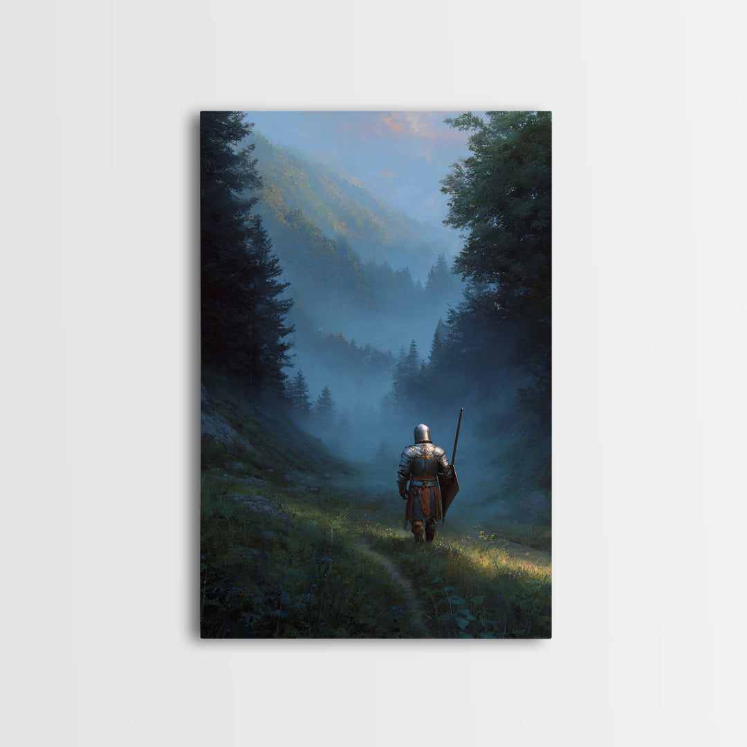 Knight In Armor Standing In Misty Valley Painting Medieval Fantasy Artwork For Office Wall Decor Or Living Room Statement Wall Art Framed Canvas Print