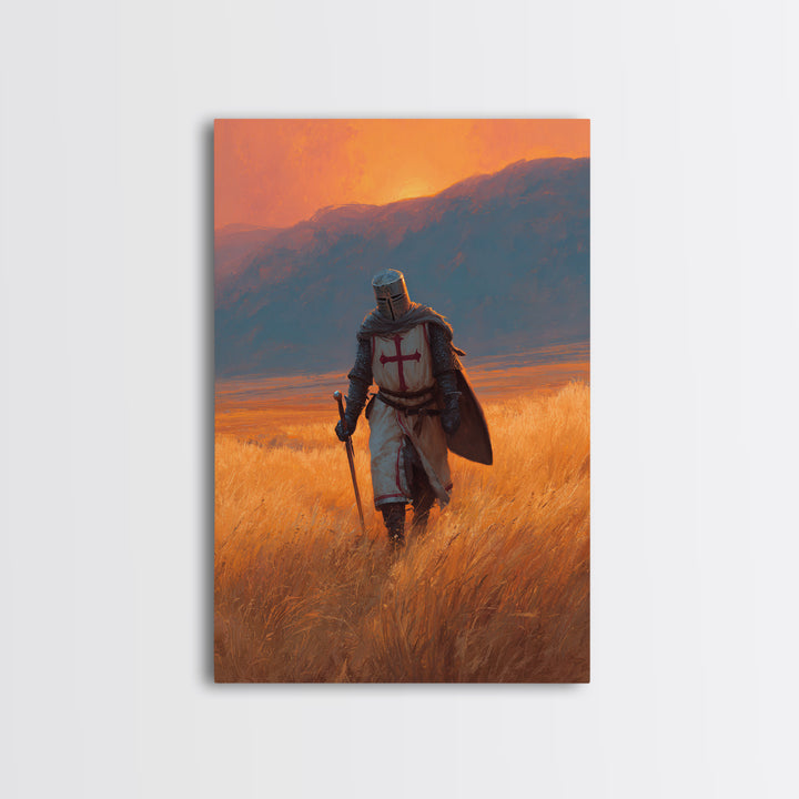 Medieval Knight In Armor With Sword Walking Through Golden Field At Sunset Wall Art Framed Canvas Print
