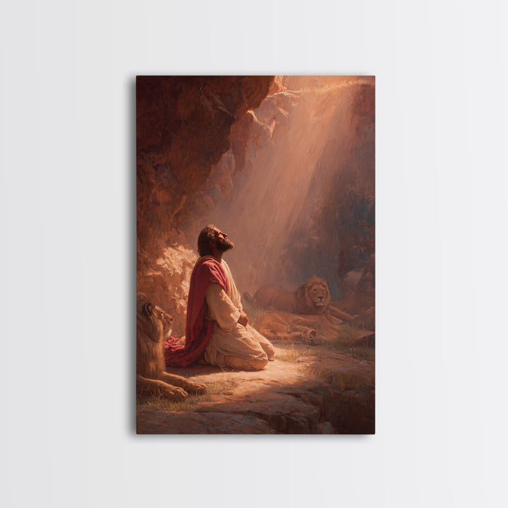 Praying Man With Lions In Dramatic Light Spiritual Christian Art Framed Canvas Print For Home Decor