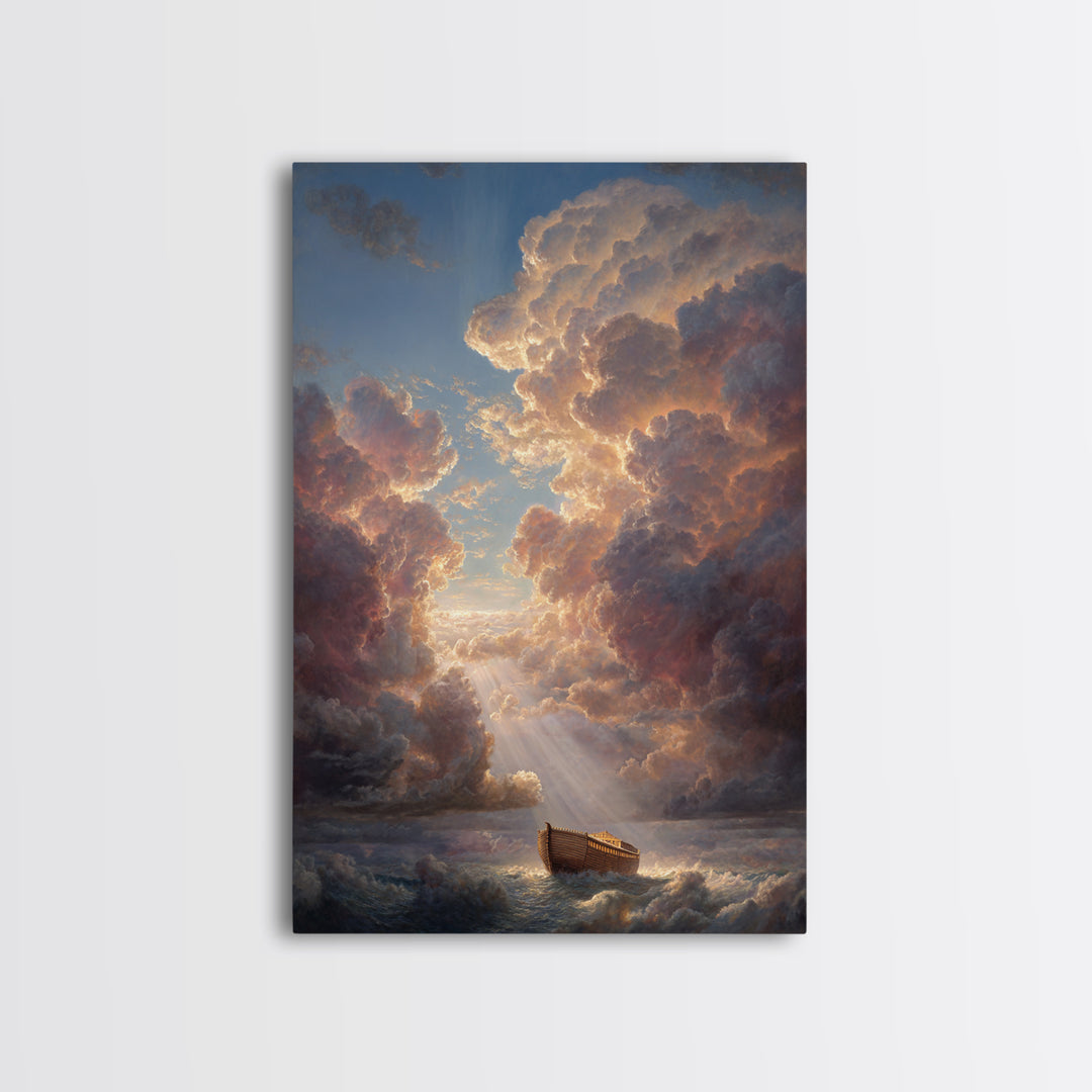 Sunset Clouds And Ark On Stormy Seas Dramatic Landscape Oil Painting Wall Art For Coastal Home Decor Or Nautical Gift