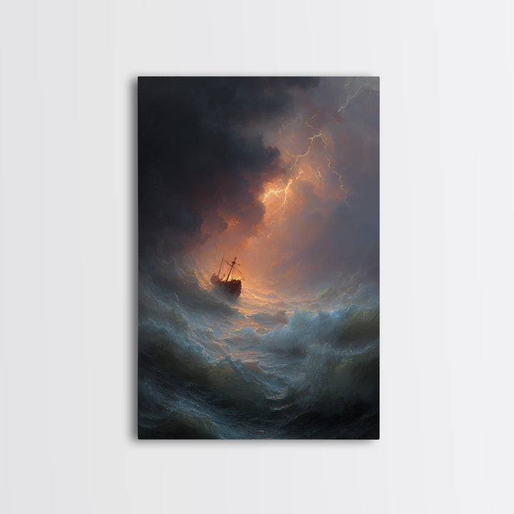 Ship In Stormy Sea With Lightning Strikes Dramatic Ocean Scene Oil Painting Wall Art Canvas Print