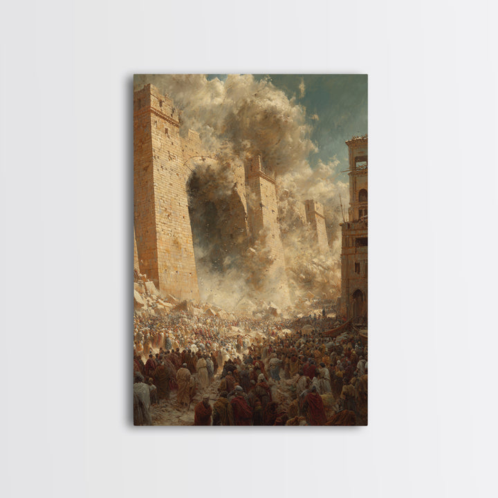 Historic Siege Scene With Crowds And Stone Walls Dramatic Wall Art Framed Canvas Print For Living Room Decoration