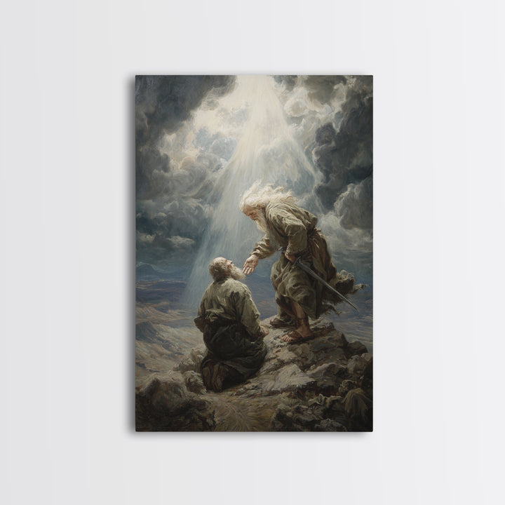 Biblical Scene Of Two Men On Rocky Landscape With Light Ray Spiritual Wall Art Framed Canvas Print For Christian Home Decor