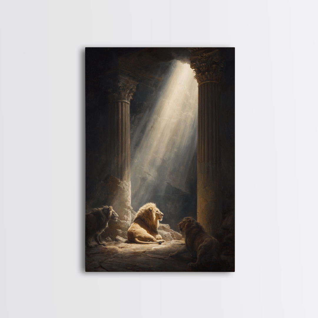 Majestic Lions In Sunlit Ancient Ruins Dramatic Wall Art Canvas Print For Wildlife And Animal Lovers Home Decor