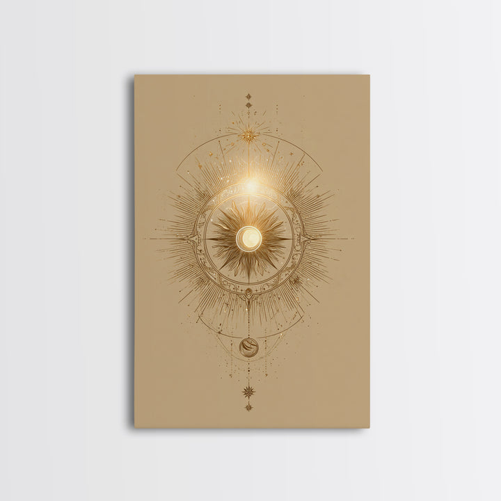 Golden Celestial Sun Mandala Wall Art, Mystical Moon Phase Art Print, Spiritual Home Decor, Boho Meditation Room Decor, Gift For Her