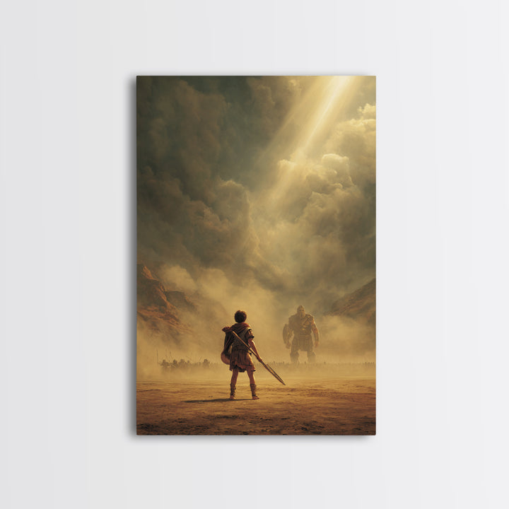 Epic Ancient Warrior Facing Giant In Dramatic Dusty Battlefield Sunlight Wall Art Framed Canvas Print For Living Room Decor