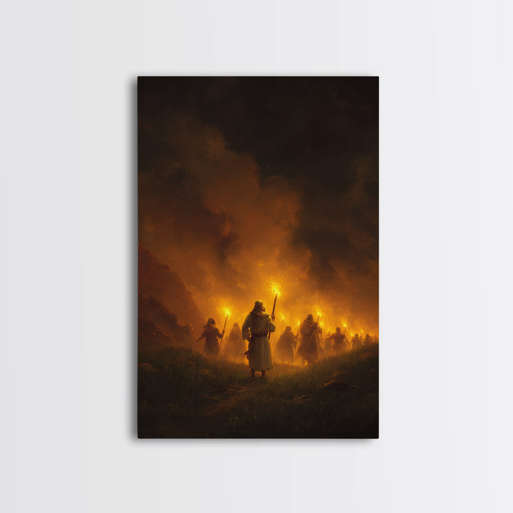 Medieval Procession With Illuminated Torches Dramatic Scene Wall Art Framed Canvas Print For Home And Office