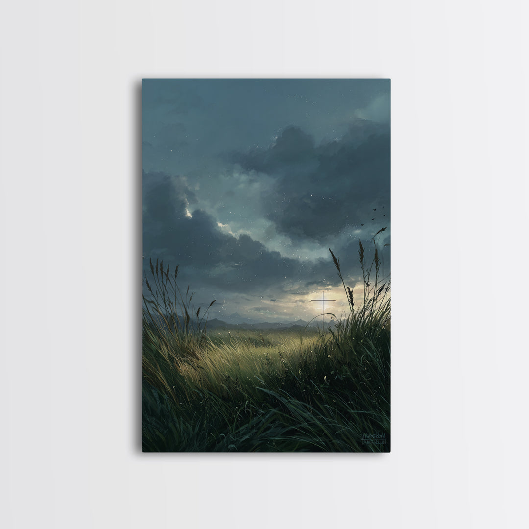 Serene Landscape With Cross At Sunset Over Grass Field - Beautiful Wall Art Framed Canvas Print For Peaceful Home Decor