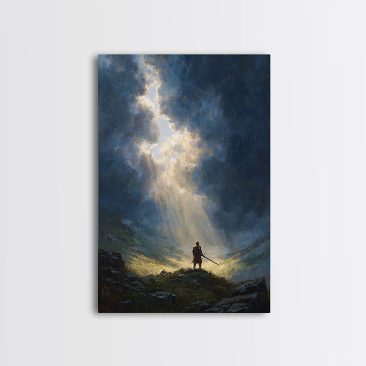 Dramatic Epic Knight Standing Among Mountains With Sword Overlooking Landscape Inspirational Wall Art Canvas Print