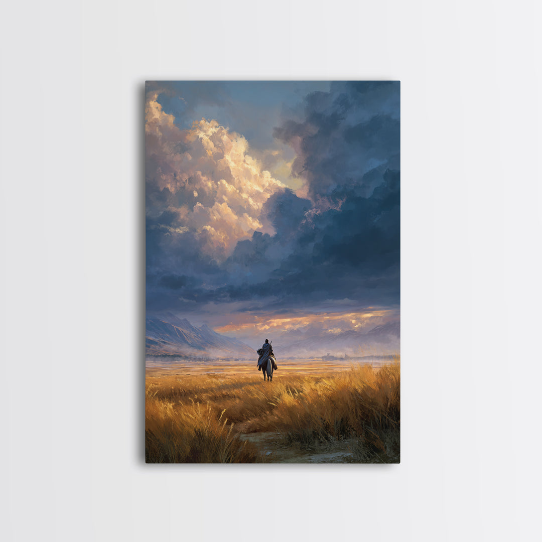 Lonely Rider In Vast Field With Dramatic Sky Landscape Painting Wall Art Framed Canvas Print