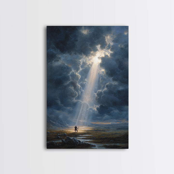 Heroic Fantasy Painting Knight Standing In Beam Of Light Under Dramatic Sky - Canvas Print For Epic Wall Art And Mythical Home Decor
