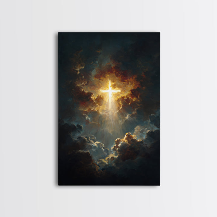 Radiant Golden Cross Amid Dark Clouds Inspirational Christian Wall Art Canvas Print For Home Decor