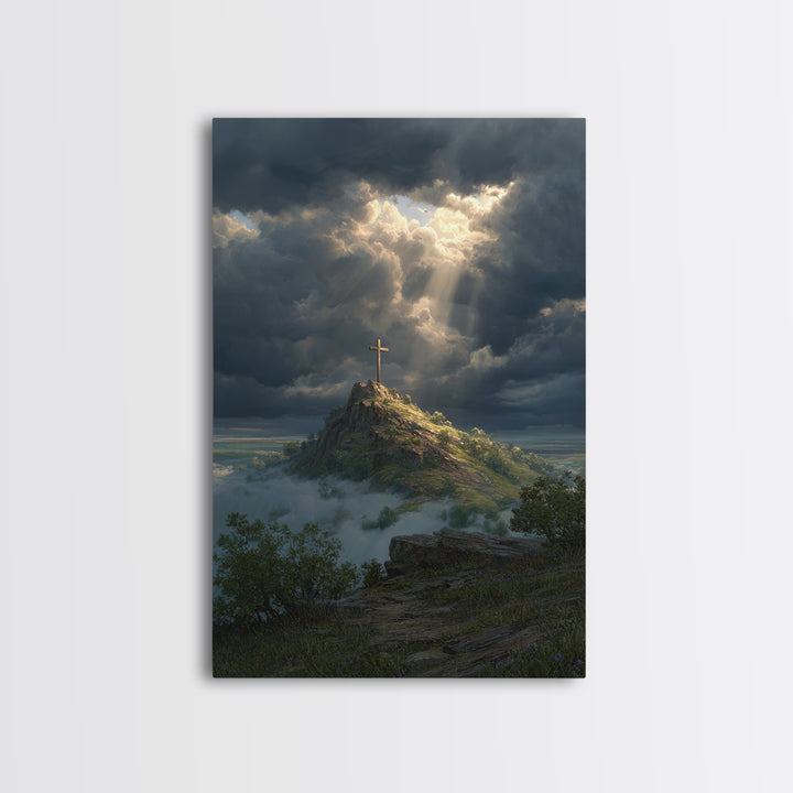Cross On Mountain Dramatic Sky Contemporary Landscape Oil Painting Wall Art Framed Canvas Print Nature Inspired Home Decor