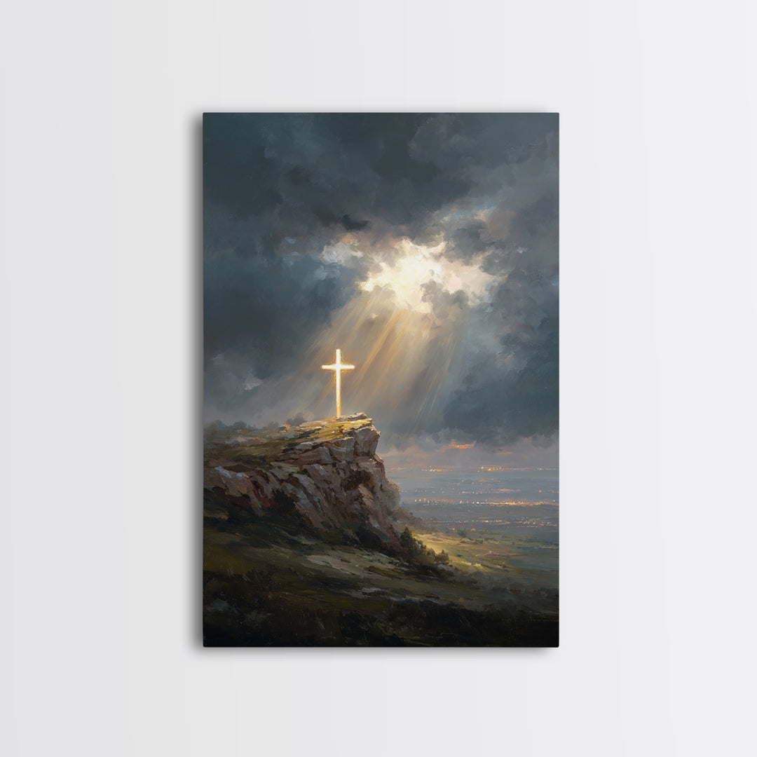 Dramatic Light Over Cliff Cross Spiritual Wall Art Framed Canvas Print For Inspirational Religious Home Decor Or Gift