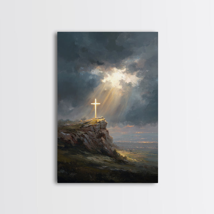 Dramatic Light Over Cliff Cross Spiritual Wall Art Framed Canvas Print For Inspirational Religious Home Decor Or Gift