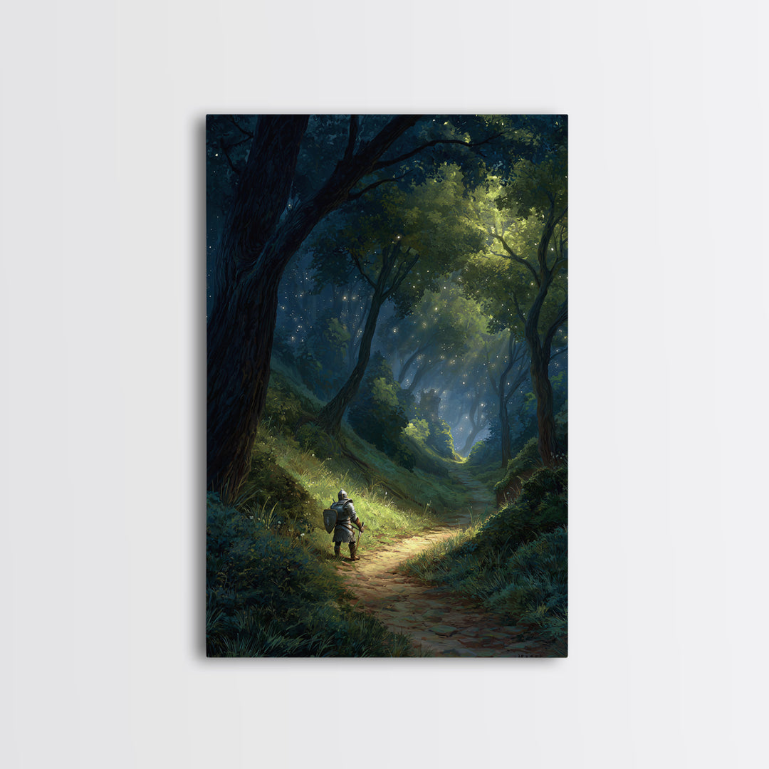 Majestic Knight on Trail in Enchanted Forest Fantasy Art Wall Art Canvas Print For Game Room or Bedroom Decor