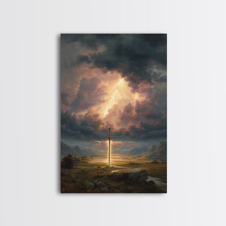 Epic Sword Lightning Storm Fantasy Wall Art Digital Painting Canvas Print For Fantasy Lovers And Gaming Room Decor