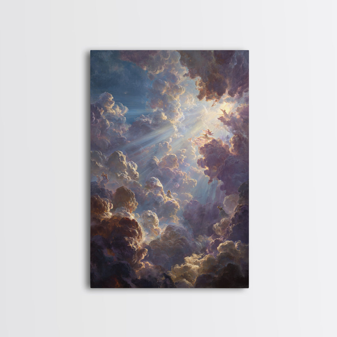Dramatic Heavenly Clouds With Figures And Light Rays Spiritual Religious Wall Art Oil Painting Large Wall Art Framed Canvas Print