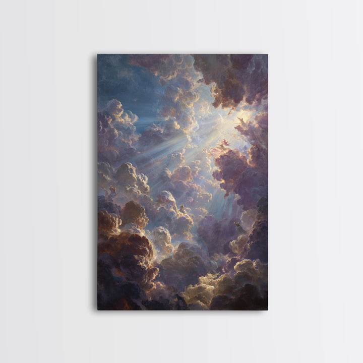 Dramatic Heavenly Clouds With Figures And Light Rays Spiritual Religious Wall Art Oil Painting Large Wall Art Framed Canvas Print