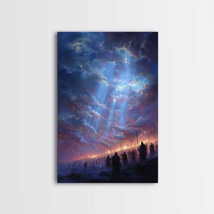 Epic Fantasy Army Under Dramatic Sky With Sun Rays Wall Art Framed Canvas Print For Bedroom or Office Decor