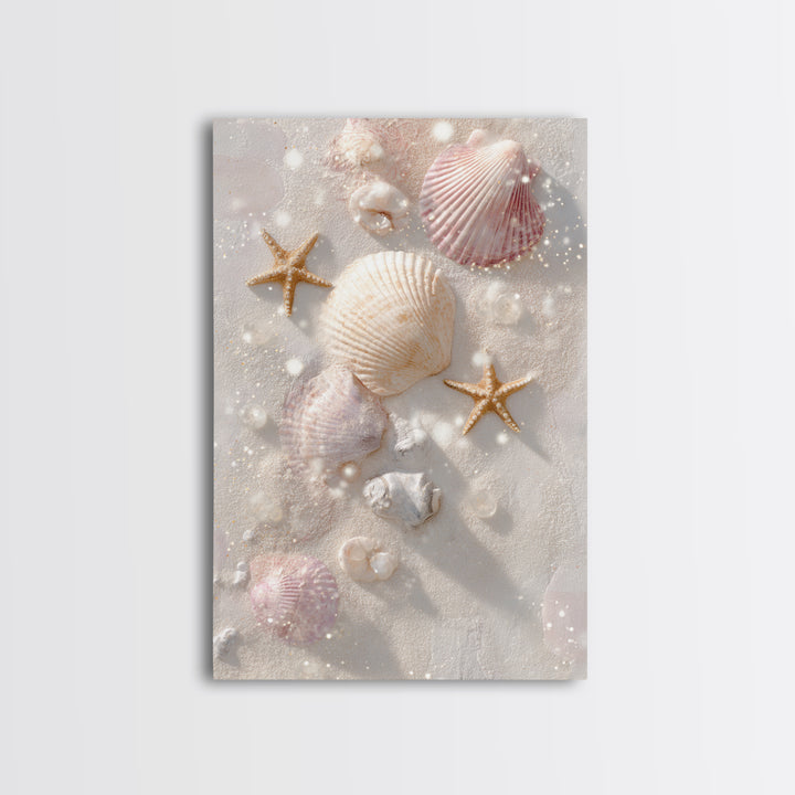Pastel Seashells And Starfish Canvas Print, Coastal Wall Art, Beach House Decor, Ocean Bathroom Art, Gift For Her, Nautical Decor