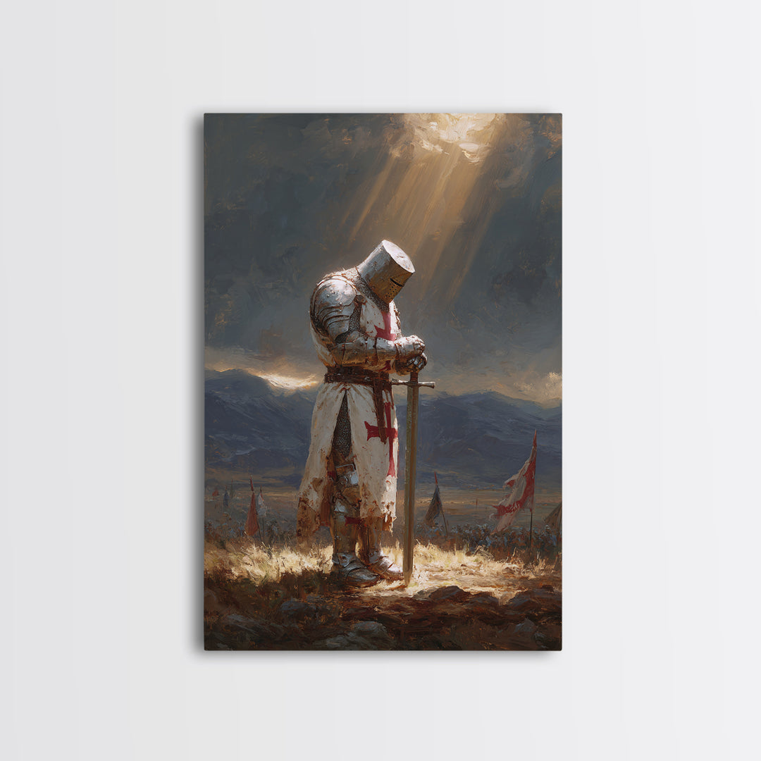 Medieval Knight In Shining Armor Oil Painting Wall Art With Moody Light Beams Epic Historical Art For Rustic Home Decor