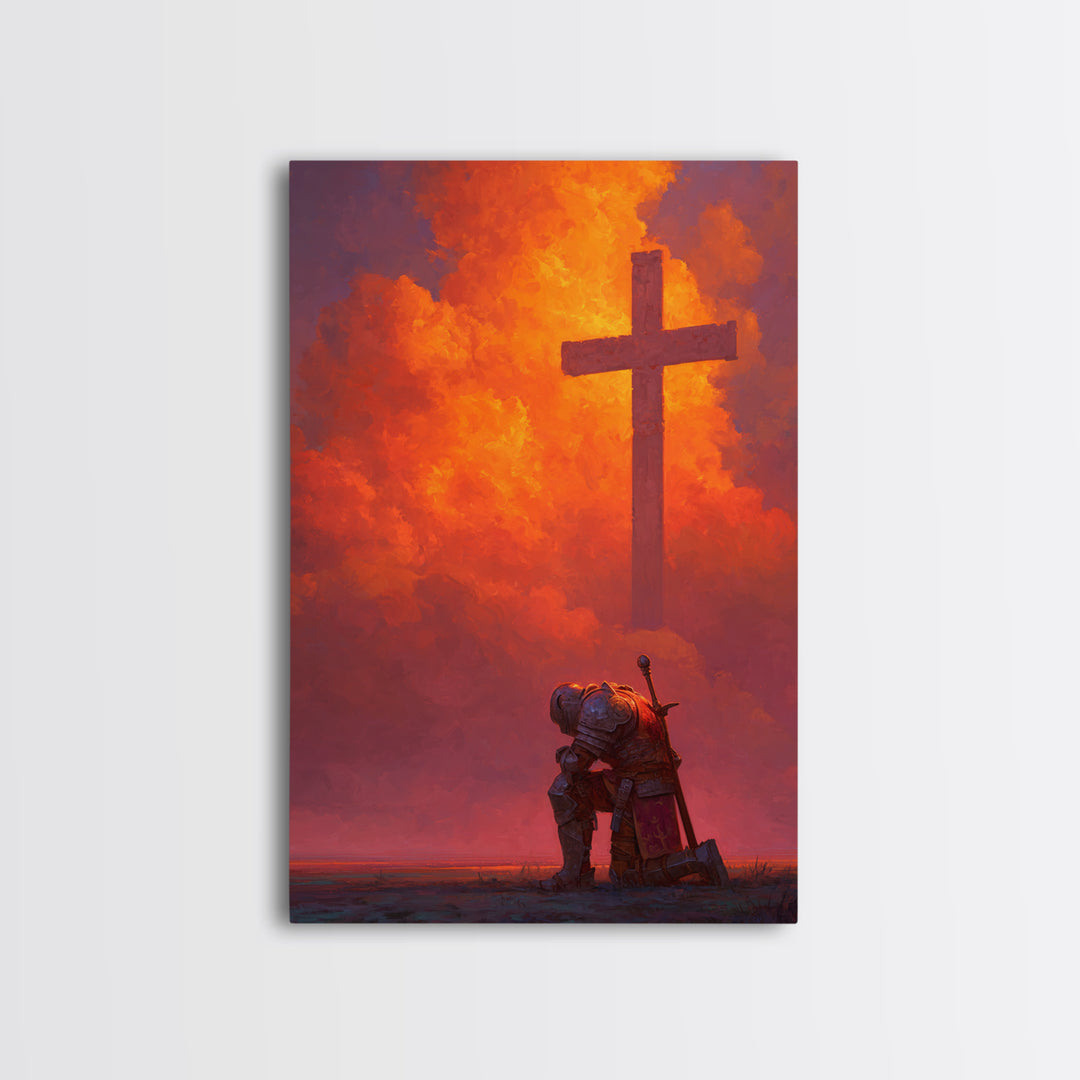 Medieval Knight Kneeling Before Cross In Fiery Sky Dramatic Fantasy Art Wall Art Canvas Print For Spiritual Decor
