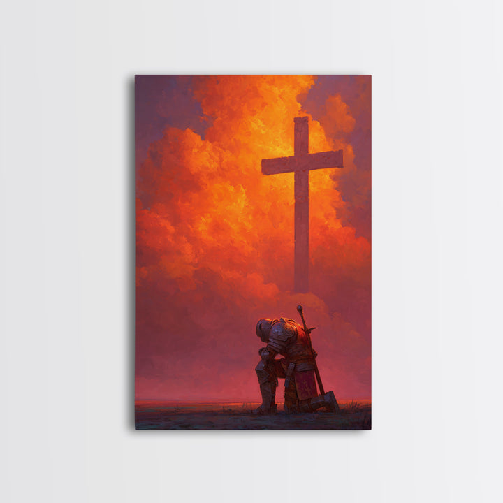 Medieval Knight Kneeling Before Cross In Fiery Sky Dramatic Fantasy Art Wall Art Canvas Print For Spiritual Decor
