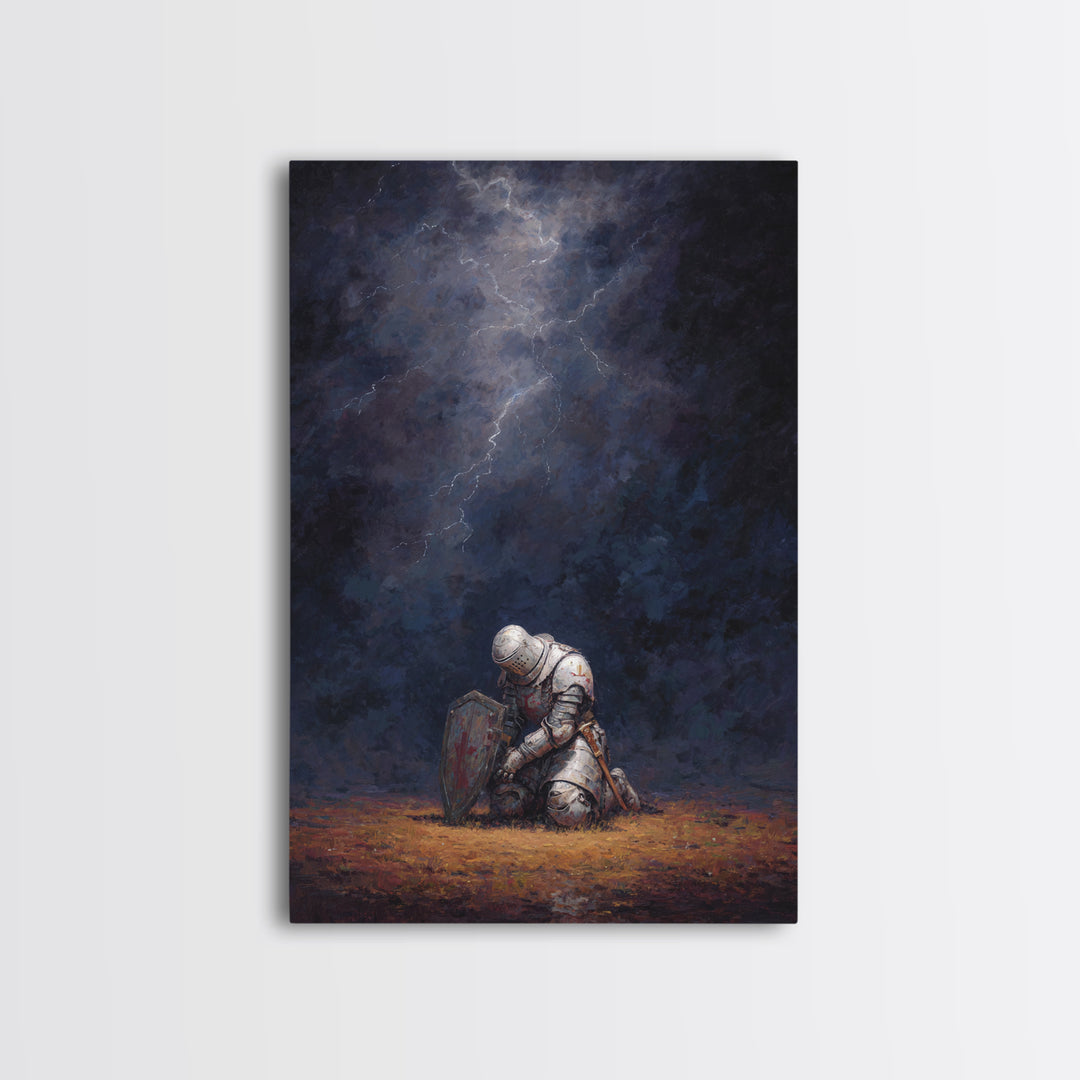 Kneeling Knight Painting With Dramatic Dark Stormy Sky Wall Art Canvas Print For Medieval Decor And Inspirational Office Wall Art