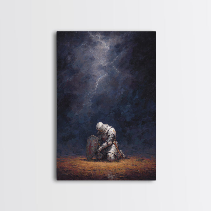 Kneeling Knight Painting With Dramatic Dark Stormy Sky Wall Art Canvas Print For Medieval Decor And Inspirational Office Wall Art