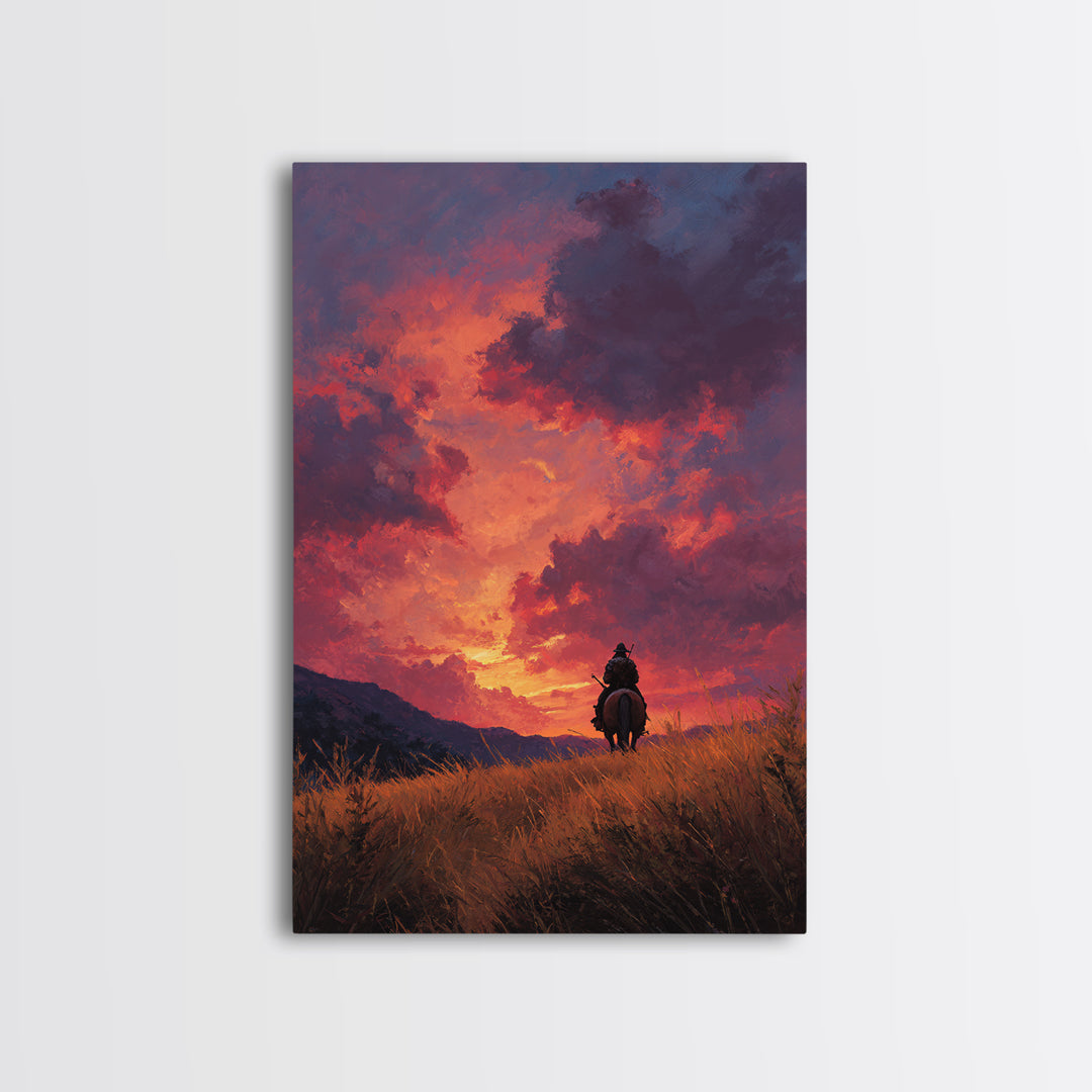Epic Western Lone Rider On Horseback Silhouette Against Dramatic Sunset Sky Oil Painting Wall Art