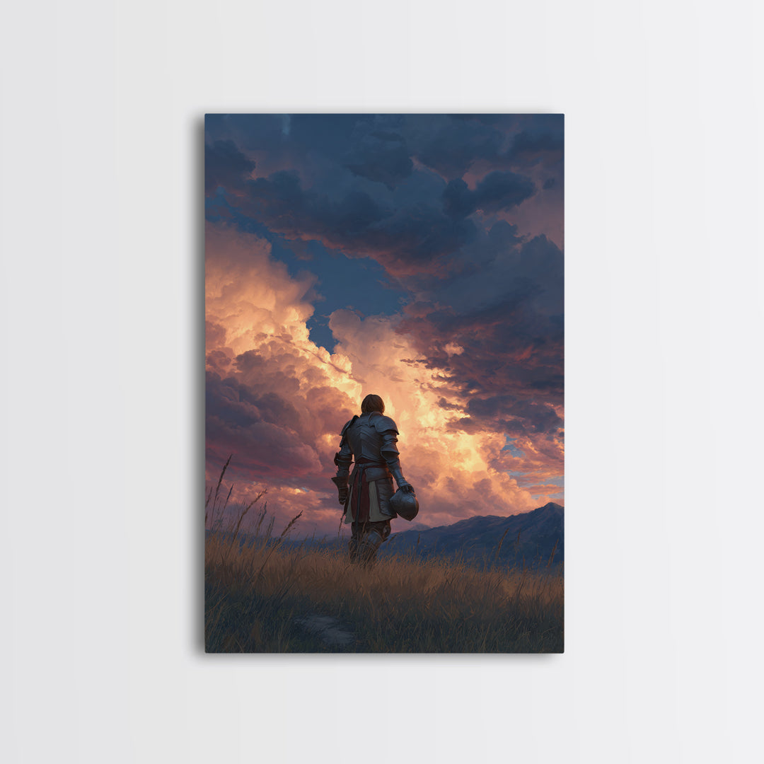 Knight Standing Under Dramatic Cloudy Sunset Sky Canvas Print Medieval Wall Art For Living Room And Office Decor