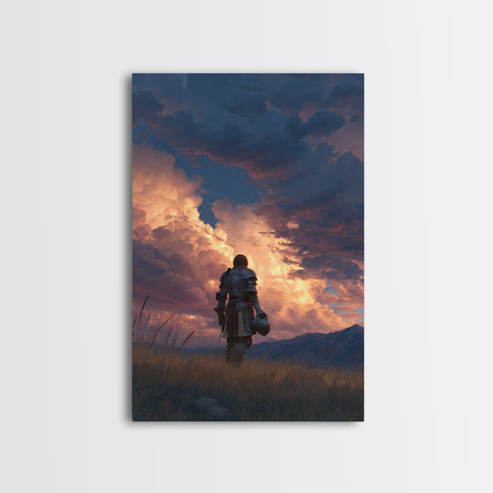 Knight Standing Under Dramatic Cloudy Sunset Sky Canvas Print Medieval Wall Art For Living Room And Office Decor