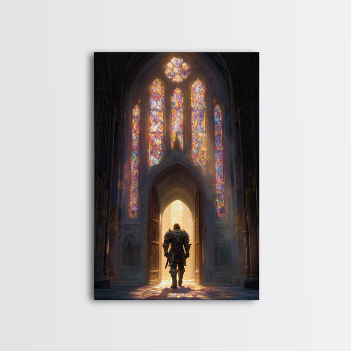 Fantasy Knight In Gleaming Armor Entering Stained Glass Lit Castle Hall - Epic Wall Art Framed Canvas Print For Fantasy Fans