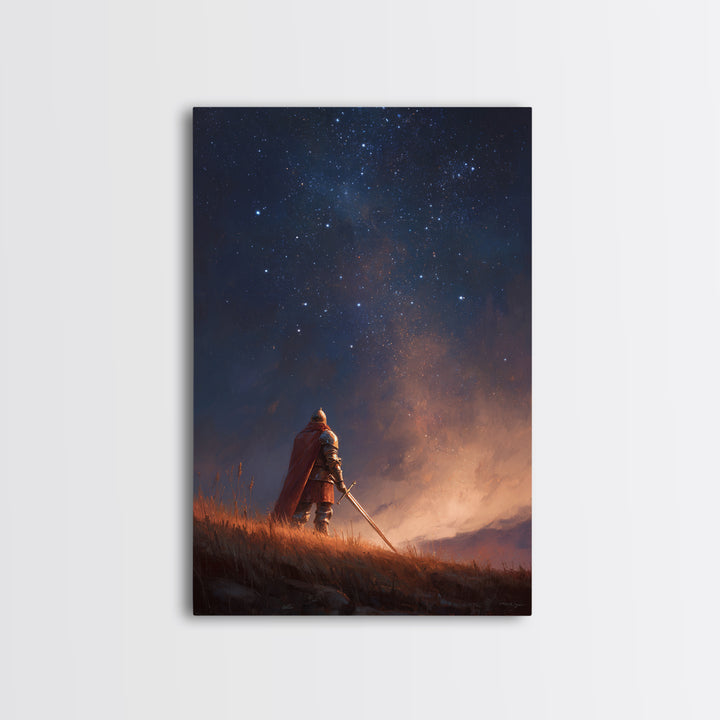 Knight Standing Under Starry Night Sky With Sword Illustration Fantasy Wall Art Framed Canvas Print For Home Decor