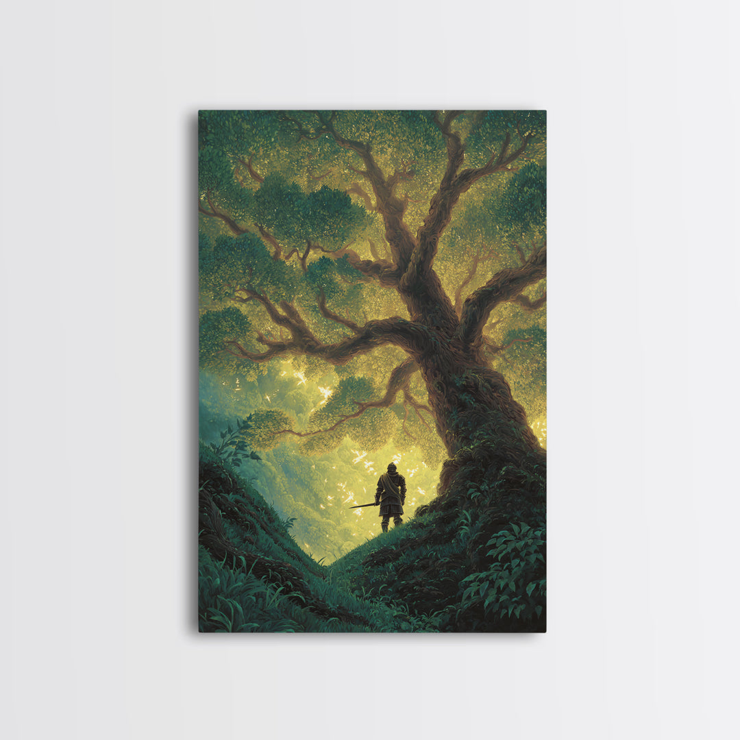 Fantasy Artwork Knight Standing Under Enchanted Glowing Tree In Mystical Forest - Canvas Print For Magical Wall Art And Fairytale Home Decor