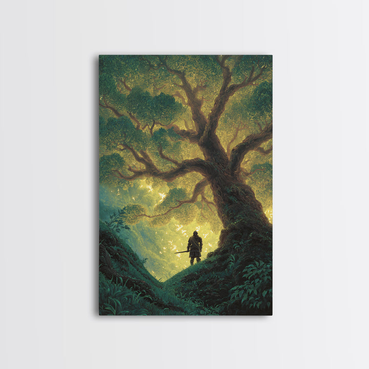 Fantasy Artwork Knight Standing Under Enchanted Glowing Tree In Mystical Forest - Canvas Print For Magical Wall Art And Fairytale Home Decor
