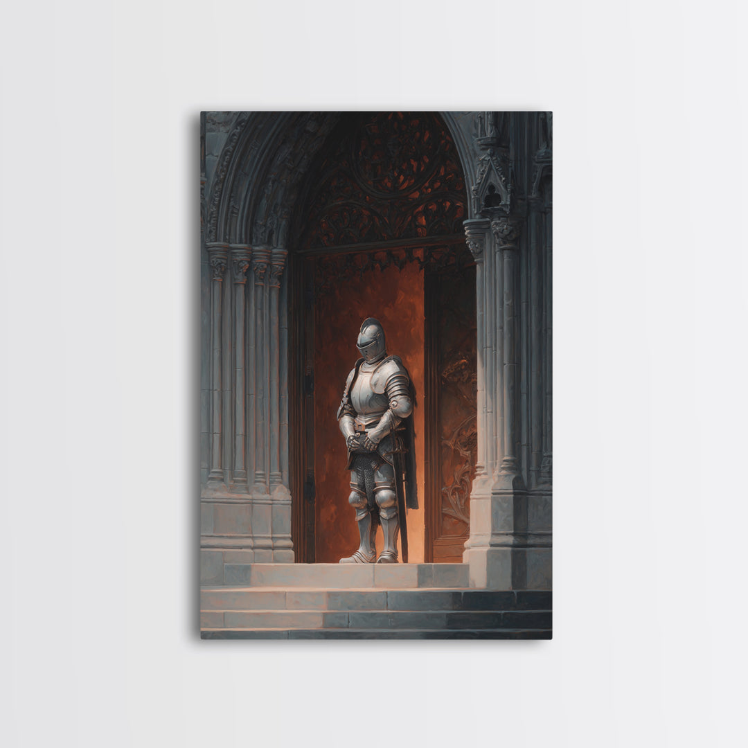 Medieval Knight Armor Standing At Gothic Cathedral Doorway Wall Art Framed Canvas Print For Home Decor Enthusiasts