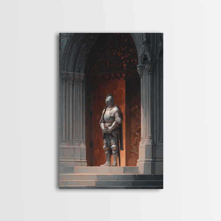 Medieval Knight Armor Standing At Gothic Cathedral Doorway Wall Art Framed Canvas Print For Home Decor Enthusiasts