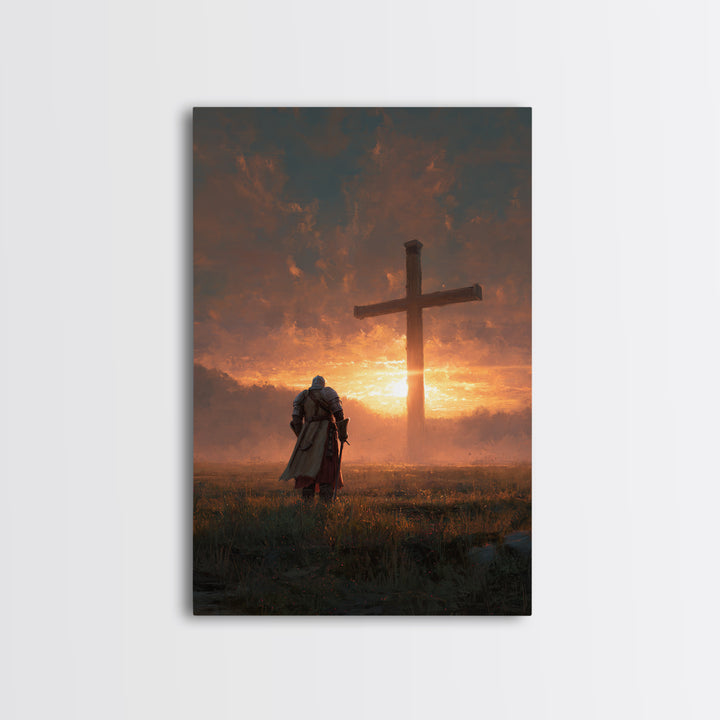 Knight Kneeling Before Large Cross At Sunset Spiritual Wall Art Framed Canvas Print Religious Artwork For Home Decor