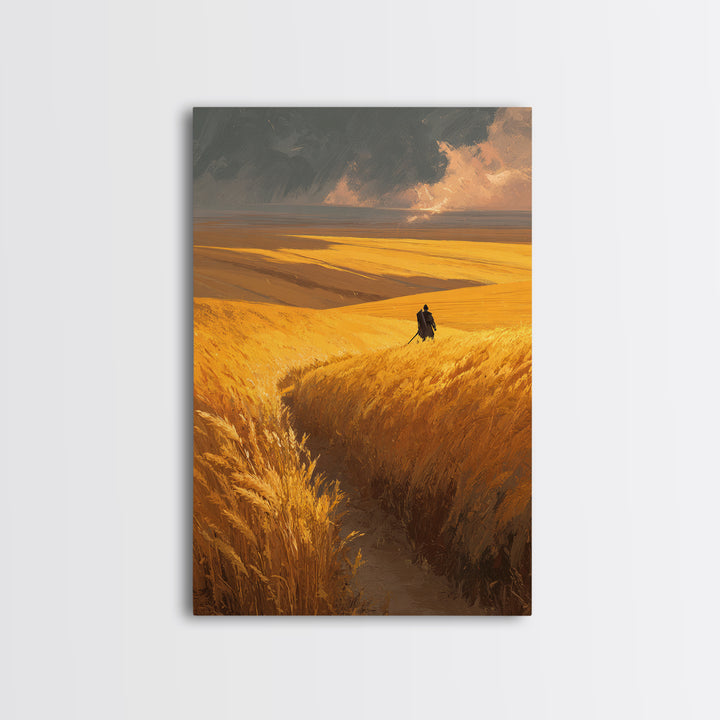 Expansive Golden Wheat Field With Lone Figure Walking Abstract Landscape Wall Art Modern Canvas Print For Rustic Home Or Office Decor