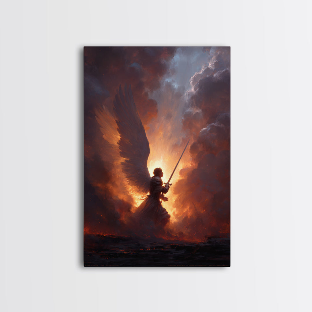 Epic Angel Warrior With Sword Radiant Light And Fiery Background Fantasy Art Framed Canvas Print For Home