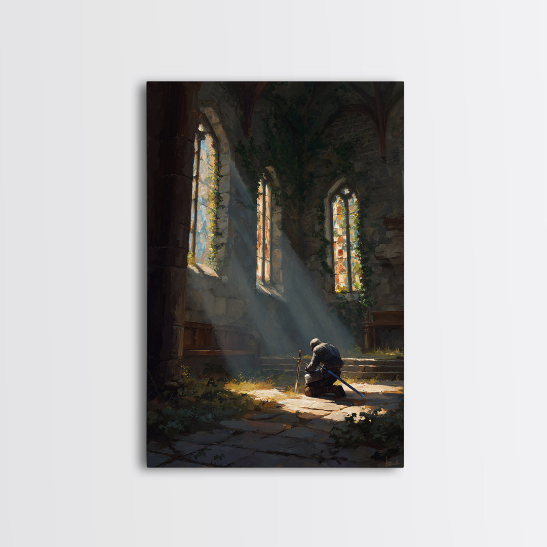 Medieval Knight Kneeling In Chapel With Sunlight Rays Warm Oil Painting Wall Art For Living Room Decor And Gift