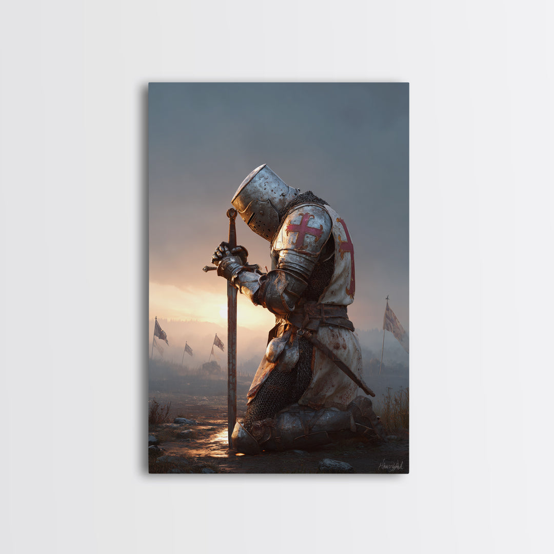 Medieval Knight In Armor Kneeling With Sword At Sunset Dramatic Fine Art Print For Historical And Fantasy Wall Art