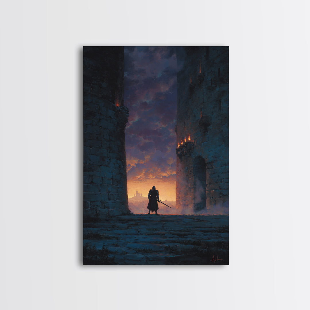 Knight Standing Between Ancient Castle Towers At Sunset With Sword Wall Art Framed Canvas Print For Home Decor