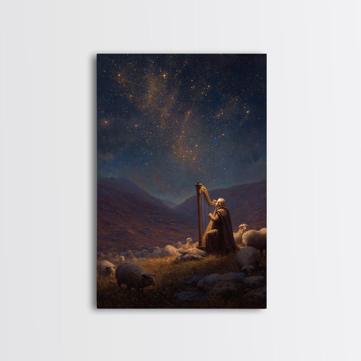 Harp Player In Mountain Landscape Classic Religious Wall Art Oil Painting Framed Canvas Print