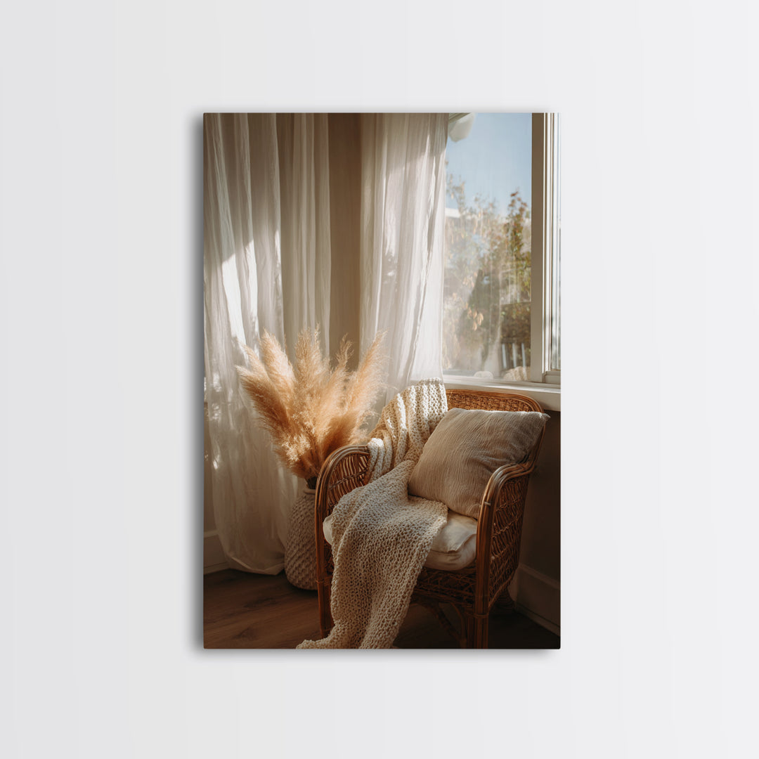 Cozy Wicker Chair And Pampas Grass Wall Art, Neutral Boho Home Decor, Sunlit Bedroom Canvas Print, Housewarming Gift For Her