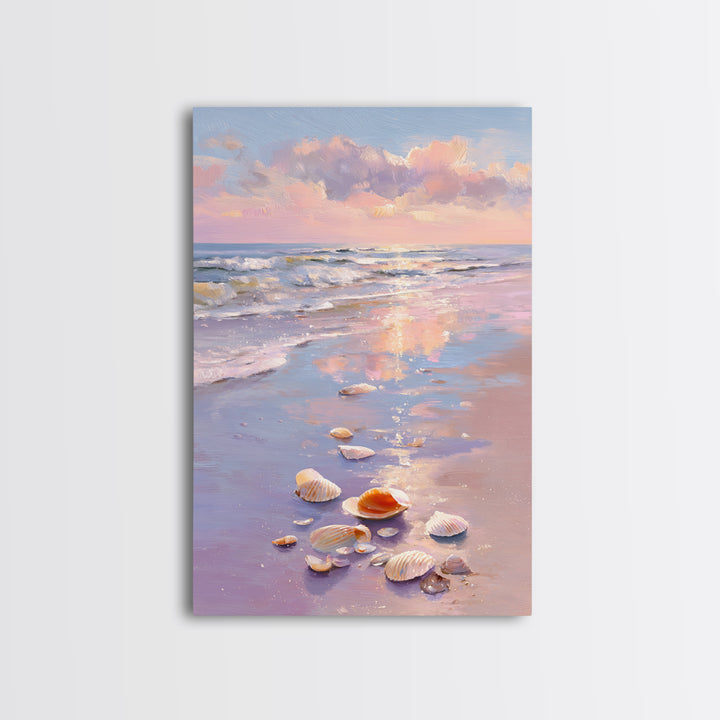 Pastel Seashell Beach Sunset Canvas Print, Coastal Wall Art, Ocean Painting, Beach House Decor, Seascape, Gift For Her, Home Decor